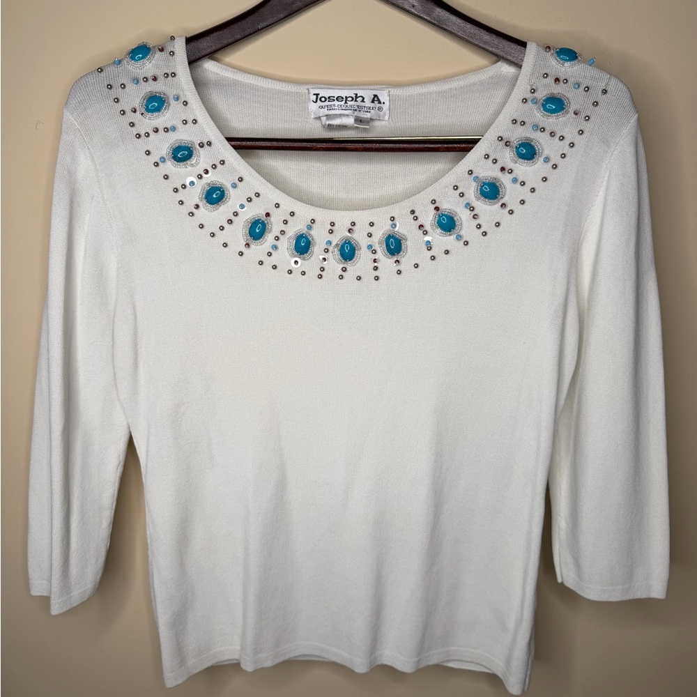 Vintage Joseph A 3/4 Sleeve Beaded Neckline Y2K Blouse Large White Spring Boho